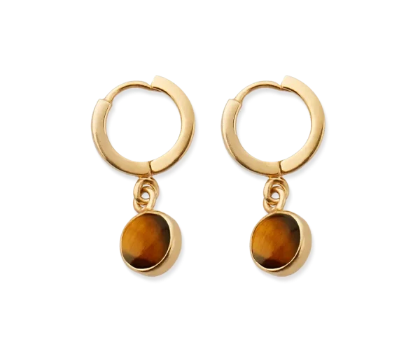 Tiger Eye Hoops Round Cut Gold Plated